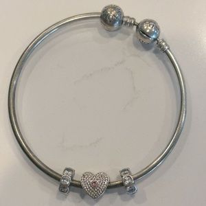 Pandora bracelet w/ Aquarius birth stone heart charm & 2 squared diamonds charm